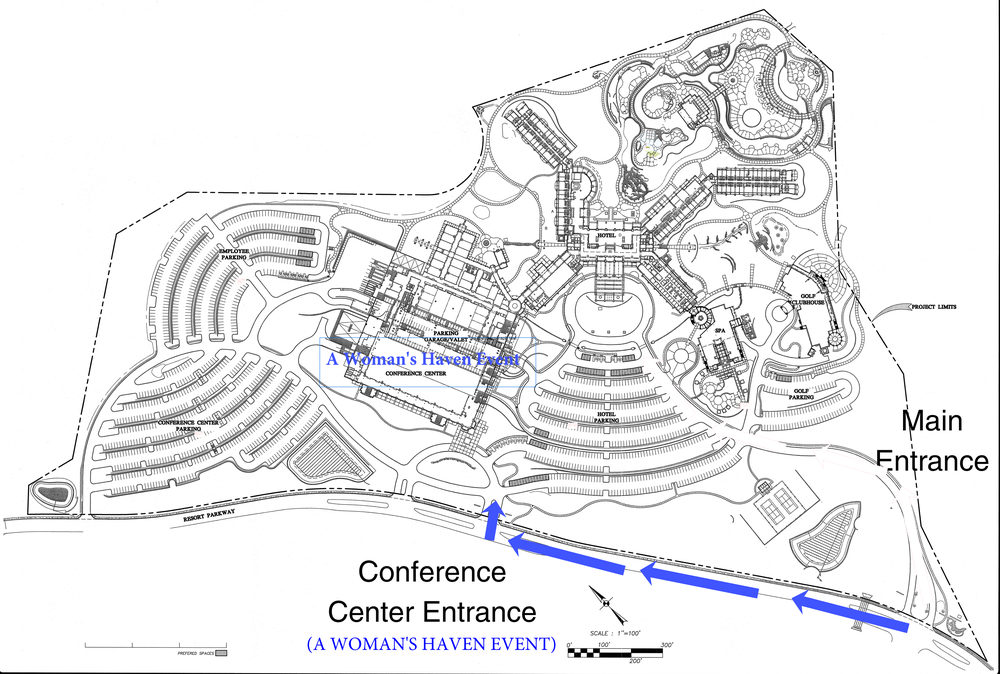 Resort site map. Follow Resort Parkway west to the Conference Center Entrance, marked as the A Woman's Haven event entrance. The main hotel entrance is further east.
